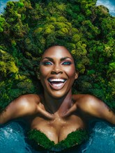 Exhilarated woman with moss hair viewed from underwater, vibrant green tones, earth day concept, AI