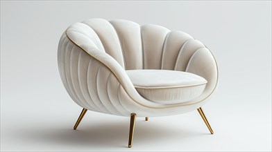 Elegant white modern chair with curved lines and gold accents on a soft grey background, ai