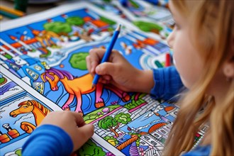 A preschool girl draws with a pencil in a colouring book, AI generated, AI generated, AI generated
