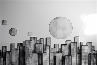 Monochromatic silhouette of skyscrapers with transparent circular overlays, illustration, AI