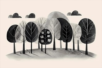 Abstract stylized monochrome depiction of trees in a peaceful setting, illustration, AI generated