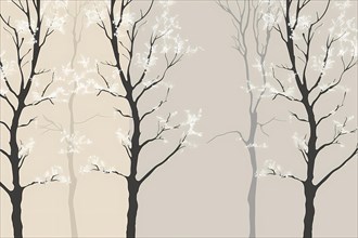 Minimalistic tree silhouettes with bare branches on beige background, illustration, AI generated