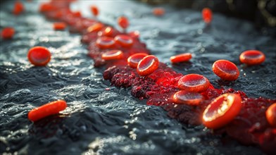Microscopic red blood cells on a dark, wet surface with cool lighting, ai generated, AI generated