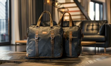 Casual blue leather bags on a wooden surface with soft focus background AI generated