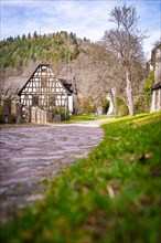 Half-timbered house at the end of a grassy path, quiet atmosphere, Calw, Black Forest, Germany,
