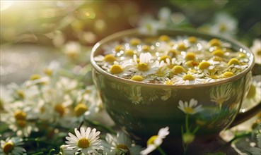 Cup of chamomile tea with chamomile flowers AI generated