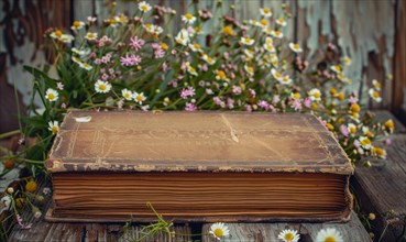 Vintage book surrounded by wildflowers AI generated