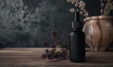 Matte black glass bottle mockup housing a premium quality beard oil enriched with natural oils and