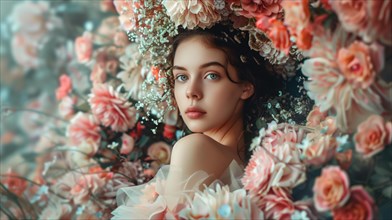 A mesmerizing scene capturing a woman adorned in a dress made of delicate flowers, standing amidst