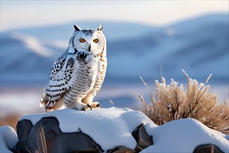 Snowy owl perched on a jagged rocky outcrop, AI generated