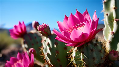 Prickly pear cactus blossoms in vibrant pink in the chihuahuan desert, AI generated