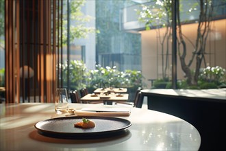 An elegant dish on a wooden table in a modern restaurant bathed in warm, natural light, AI