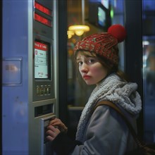A girl in winter clothes looks thoughtfully while using an ATM, AI generated