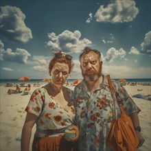 Middle-aged couple making funny faces on the beach under a dramatic cloudy sky, AI generated