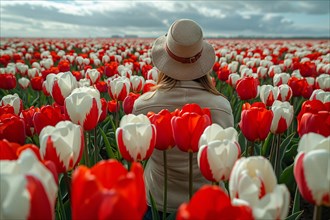 Woman in a hat facing a stunning field of red and white tulips under a cloudy sky, AI generated