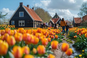 People walking by a vibrant path lined with orange and yellow tulips, Dutch houses in the backdrop,