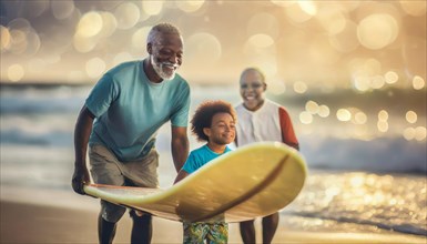 A joyful senior man helps a young boy with a surfboard on a sparkling beach at sunset, AI generated