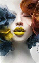 Contemplative female portrait with double exposure and yellow lips against blue floral background,