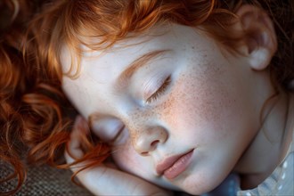 Sleeping young girl child with red hair and freckles. KI generiert, generiert, AI generated