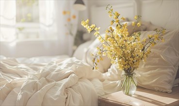 A dreamy bedroom setting with a vase of Mimosa flowers placed on a bedside table AI generated