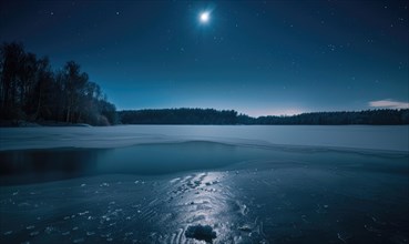A frozen lake bathed in the soft glow of the moonlight AI generated