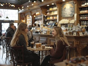 Zwei Menschen laecheln sich in einem gemuetlichen Cafe mit warmem Ambiente an, Lifestyle in Paris,