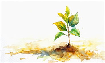 Tree sprout with coins growing from its buds, watercolor illustration on white background AI