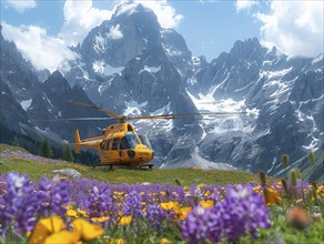Ein gelber Hubschrauber vor einer atemberaubenden Bergkulisse mit wilden lila Blumen im
