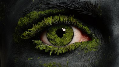 Intense macro shot of a green eye with the surrounding skin and eyelashes covered in moss and black