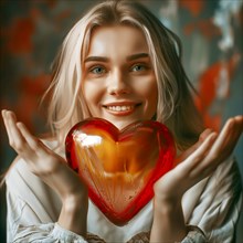 Young woman spreads her hands around a glowing heart, AI generated