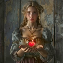 Woman in medieval clothing holds a glowing heart in her hands, AI generated