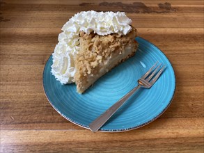 Piece of apple pie with whipped cream on plate, cake fork, wooden table, Frankfurt am Main, Hesse,