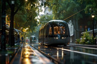A modern tram moves through a tree-lined street at dusk with reflective mood lighting, AI generated