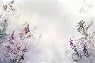 A misty watercolor illustration with soft colored flowers and ethereal feel, illustration, AI