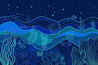 Stylized blue waves and marine life depicting a serene underwater ocean scene, illustration, AI