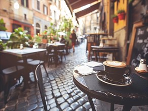 Morning at an outdoor cafe with a coffee cup on the table and a cobbled street in the soft bokeh