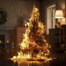 Flames consume a Christmas tree in a living room at home, AI generated