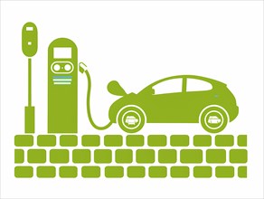Simple green and white vector graphic of an electric car at a charging point, illustration, AI