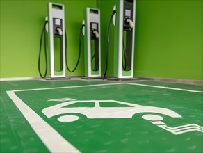 Close-up of electric vehicle charging stations with designated parking and green floor markings,