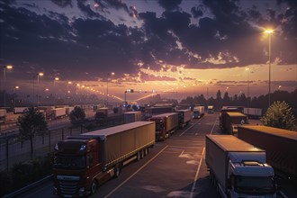 Many trucks in international long-distance traffic park at night, on weekends and over the holidays