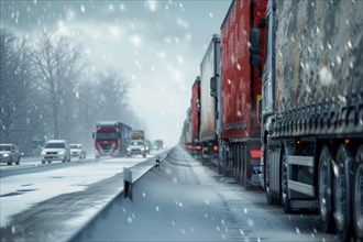 Traffic jam, congested motorway with many lorries and cars in winter, bad weather conditions, snow