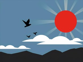 Stylized image showcasing a calm sunrise with birds flying over mountains, illustration, AI