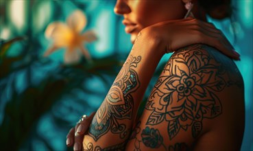 Detailed view of an intricate shoulder tattoo with a cultural and artistic flair AI generated