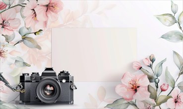 Flat background with blank poster mockup and vintage camera with watercolor flowers AI generated