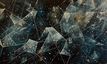 Ethereal mix of monochromatic geometric triangles set against a star-laden backdrop AI generated