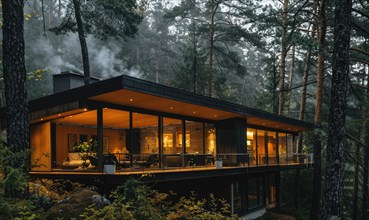 A modern wooden cabin nestled among tall pine trees in the forest AI generated