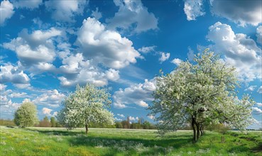 Blue skies over a blooming orchard AI generated
