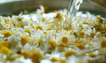 Close-up of chamomile flowers being distilled, nature beauty background AI generated