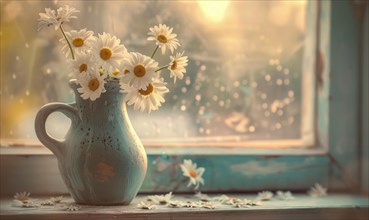 Daisies in a vintage vase on a windowsill AI generated
