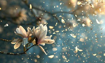 White magnolia petals gently falling from a tree in a spring breeze AI generated